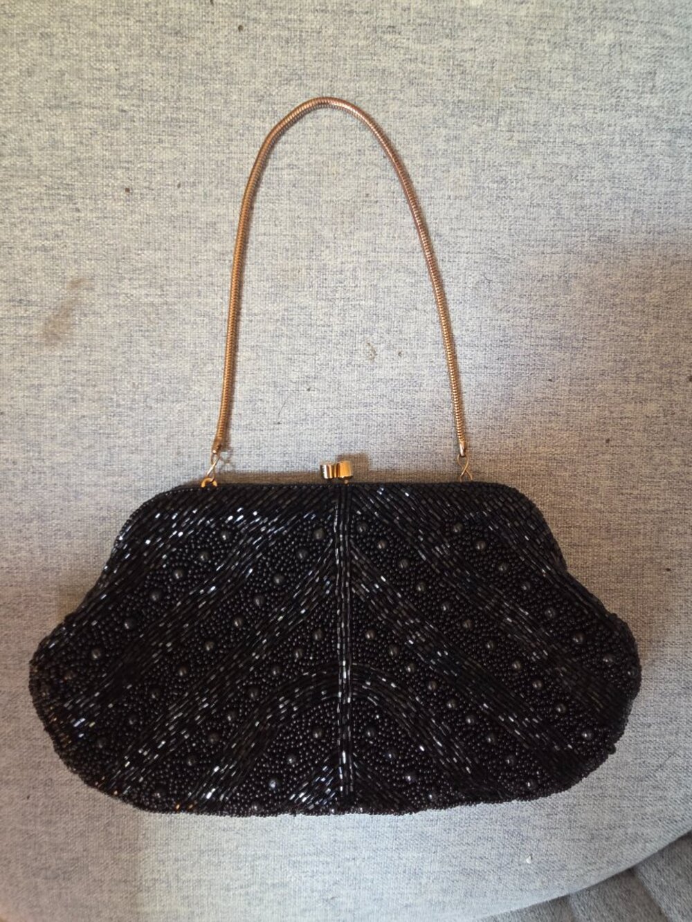 Vintage Black Beaded Evening Clutch with Gold Chain